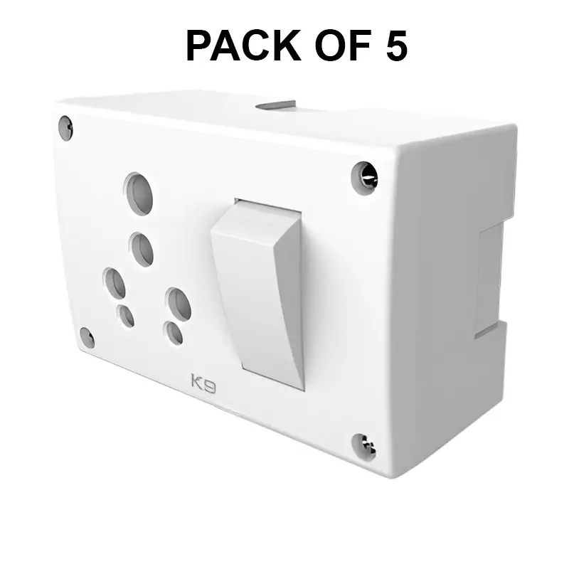 K9 Euro 3 In 1 Universal Switch Socket Combined with Box 16 Amp White, 9654 (Pack of 5)