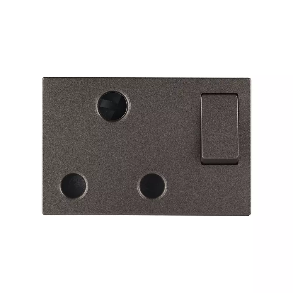 Legrand Indian Standard Switched Socket with Shutter Myrius Charcoal Grey 16 Amp 3 Module, 6794 26