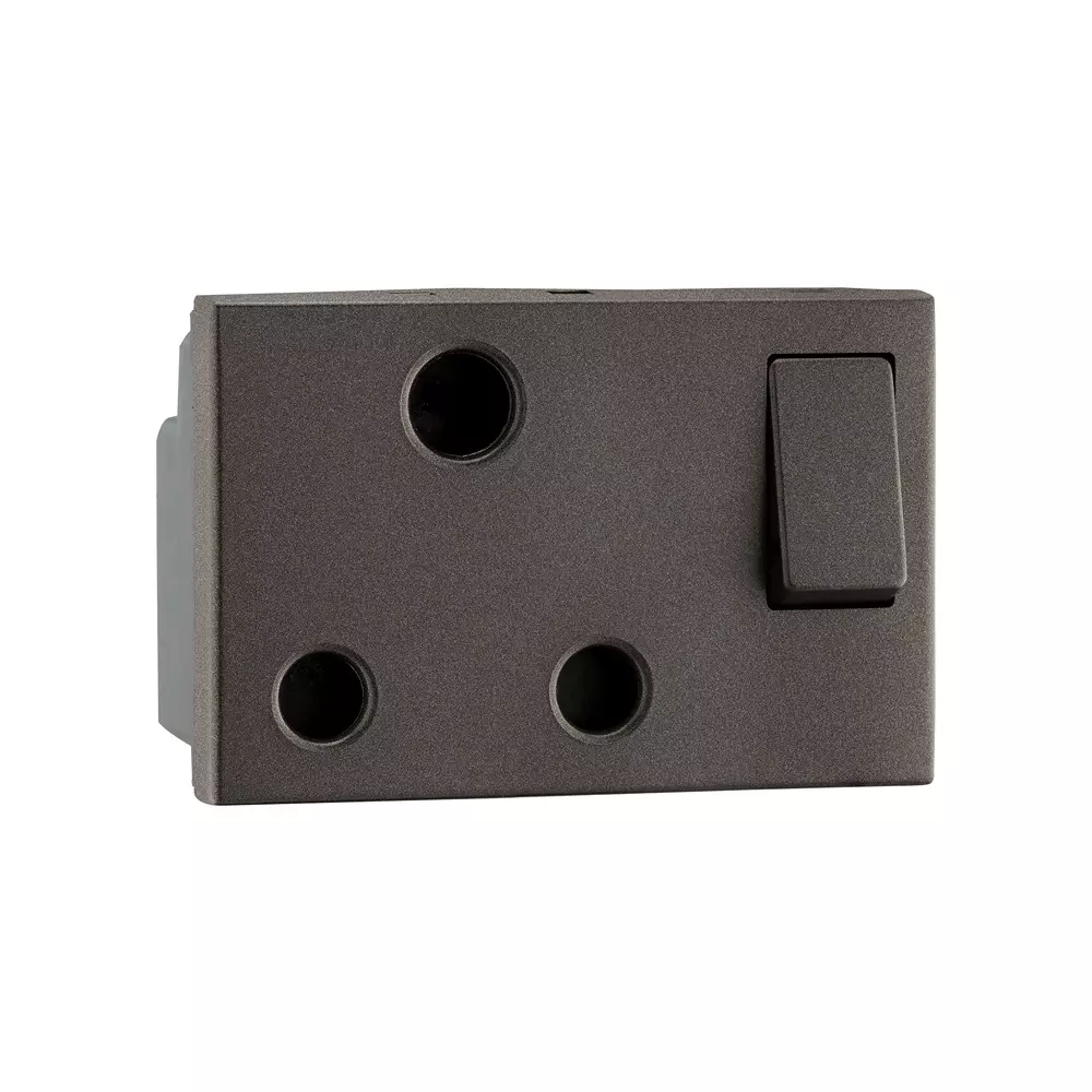 Legrand Indian Standard Switched Socket with Shutter Myrius Charcoal Grey 16 Amp 3 Module, 6794 26