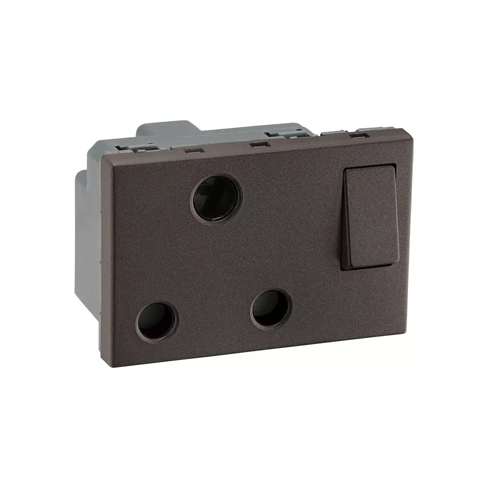 Legrand Indian Standard Switched Socket with Shutter Myrius Charcoal Grey 16 Amp 3 Module, 6794 26