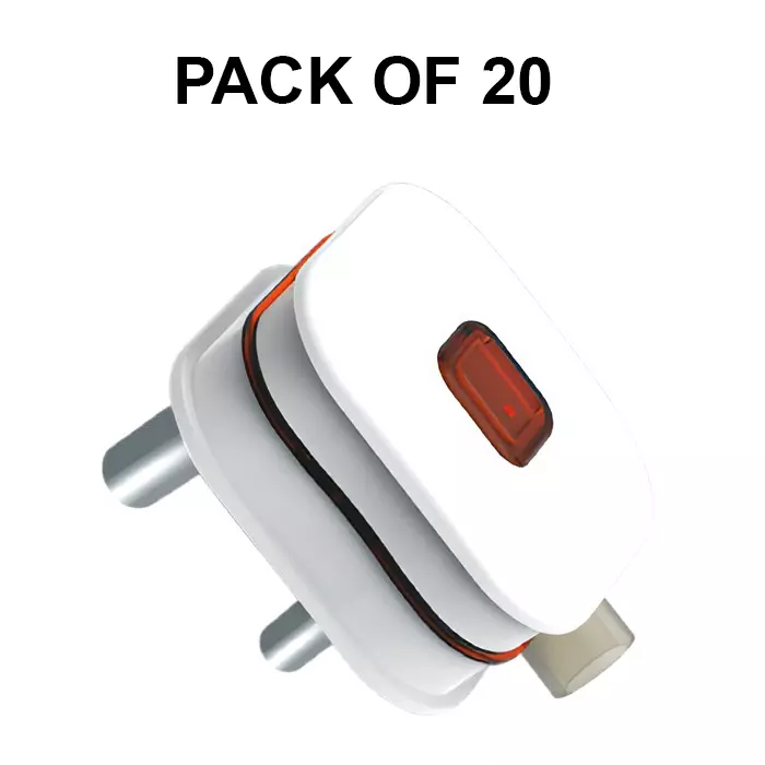 K9 Euro Qubic 3 Pin Top Plug with Indicator 16 Amp White, 9143 (Pack of 20)