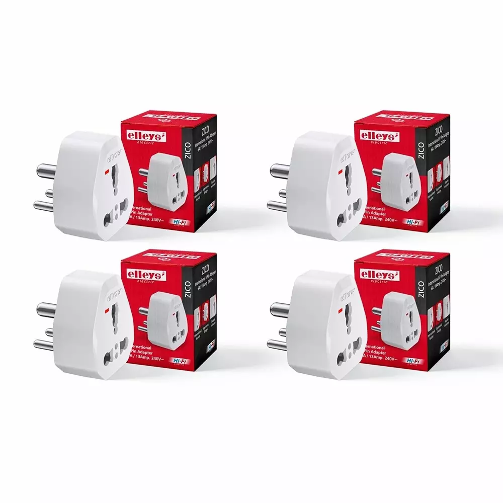 Elleys Zico 3 Pin Socket 6 A/13 A Current Type D Plug Adapter White (Pack of 4)