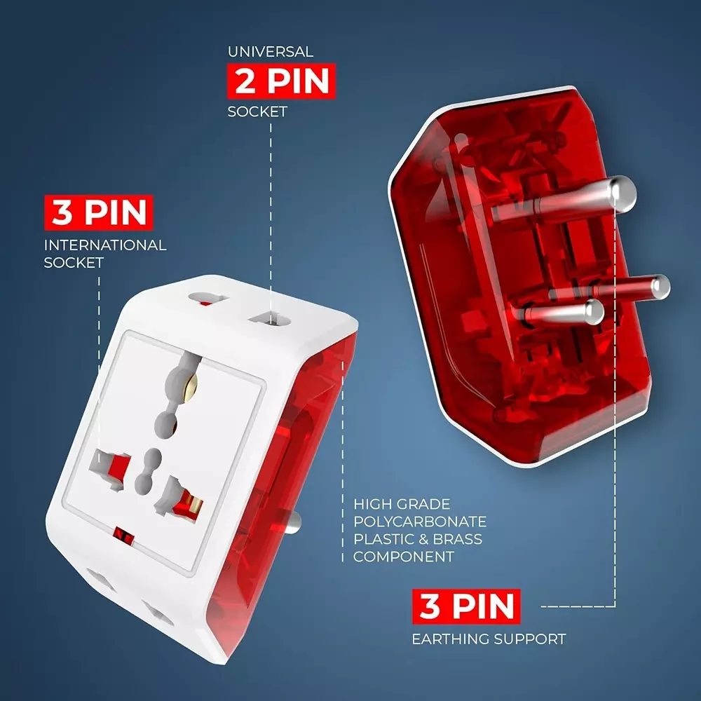 Elleys 3 Pin DICI Multi Plug Socket Travel Adapter 240 V 6 A Current White, Red For Home, Office (Pack of 2)
