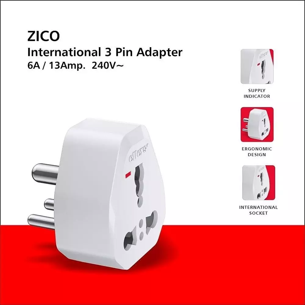 Elleys Zico 3 Pin Socket 6 A/13 A Current Type D Plug Adapter White