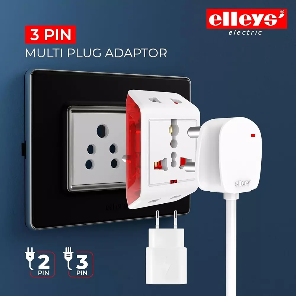 Elleys 3 Pin DICI Multi Plug Socket Travel Adapter 240 V 6 A Current White, Red For Home, Office