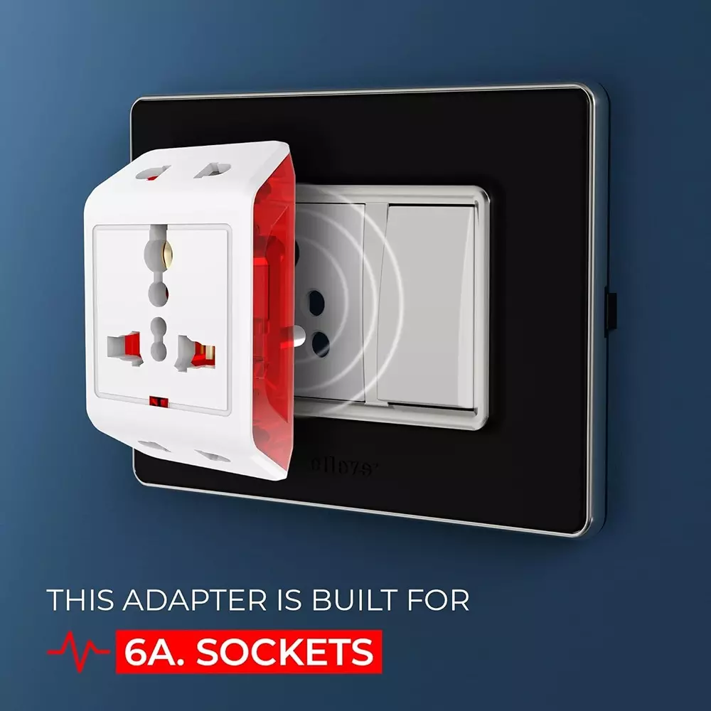 Elleys 3 Pin DICI Multi Plug Socket Travel Adapter 240 V 6 A Current White, Red For Home, Office