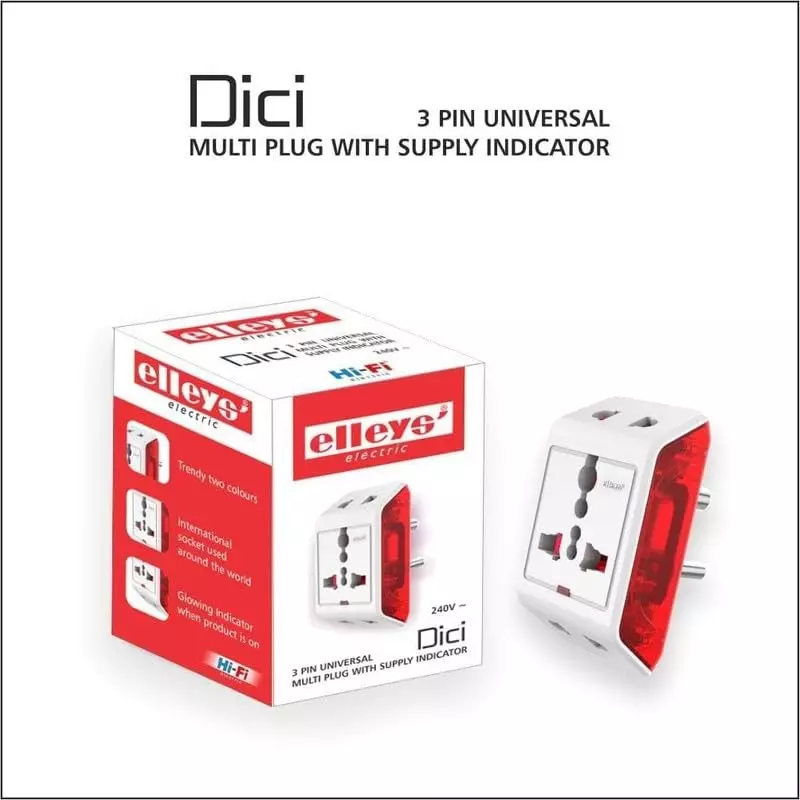 Elleys 3 Pin DICI Multi Plug Socket Travel Adapter 240 V 6 A Current White, Red For Home, Office