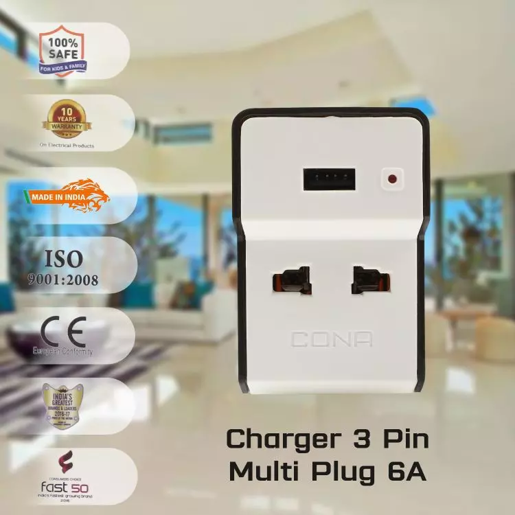 Cona 1746 6A White 3 Pin Multi-plug