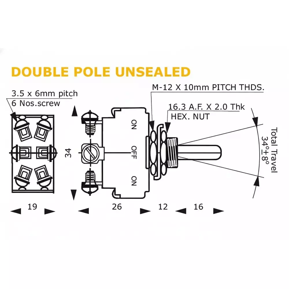 Elettro Toggle Switch 15 A Rating and DPDT On On Switch Configuration, ETS-1507