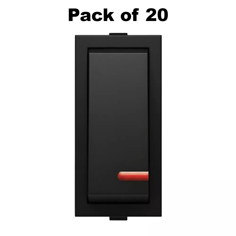 K9 Euro Switch With Indicator 1 Way 1 Module 6 Amp Black, 9021 (Pack of 20)