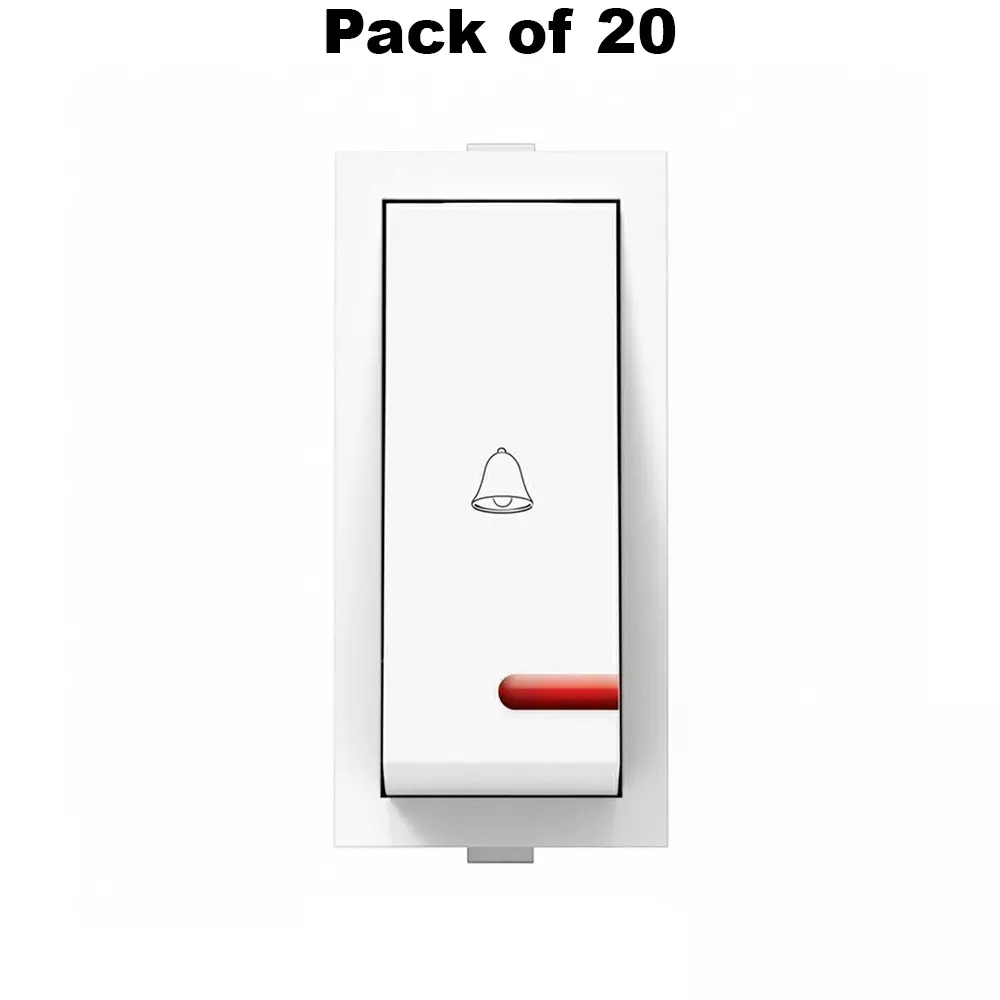 K9 Deluxe Bell Push Switch With Indicator 1 Module 6 Amp White, 9018 (Pack of 20)