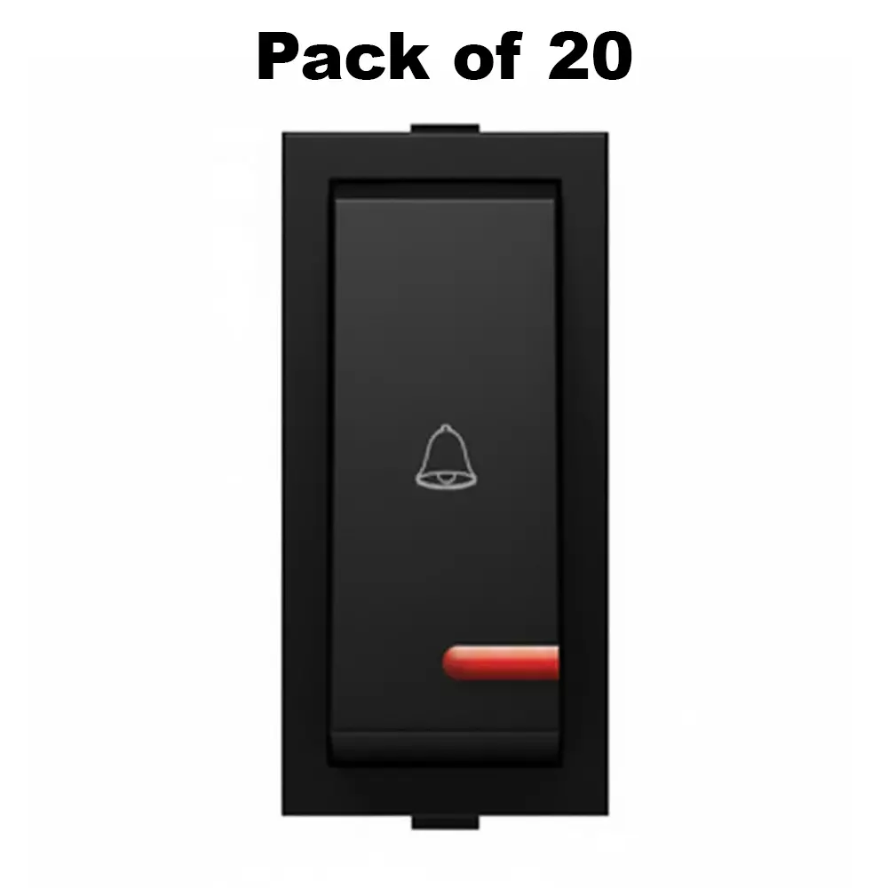 K9 Euro Bell Push Switch With Indicator 1 Module 6 Amp Black, 9007 (Pack of 20)