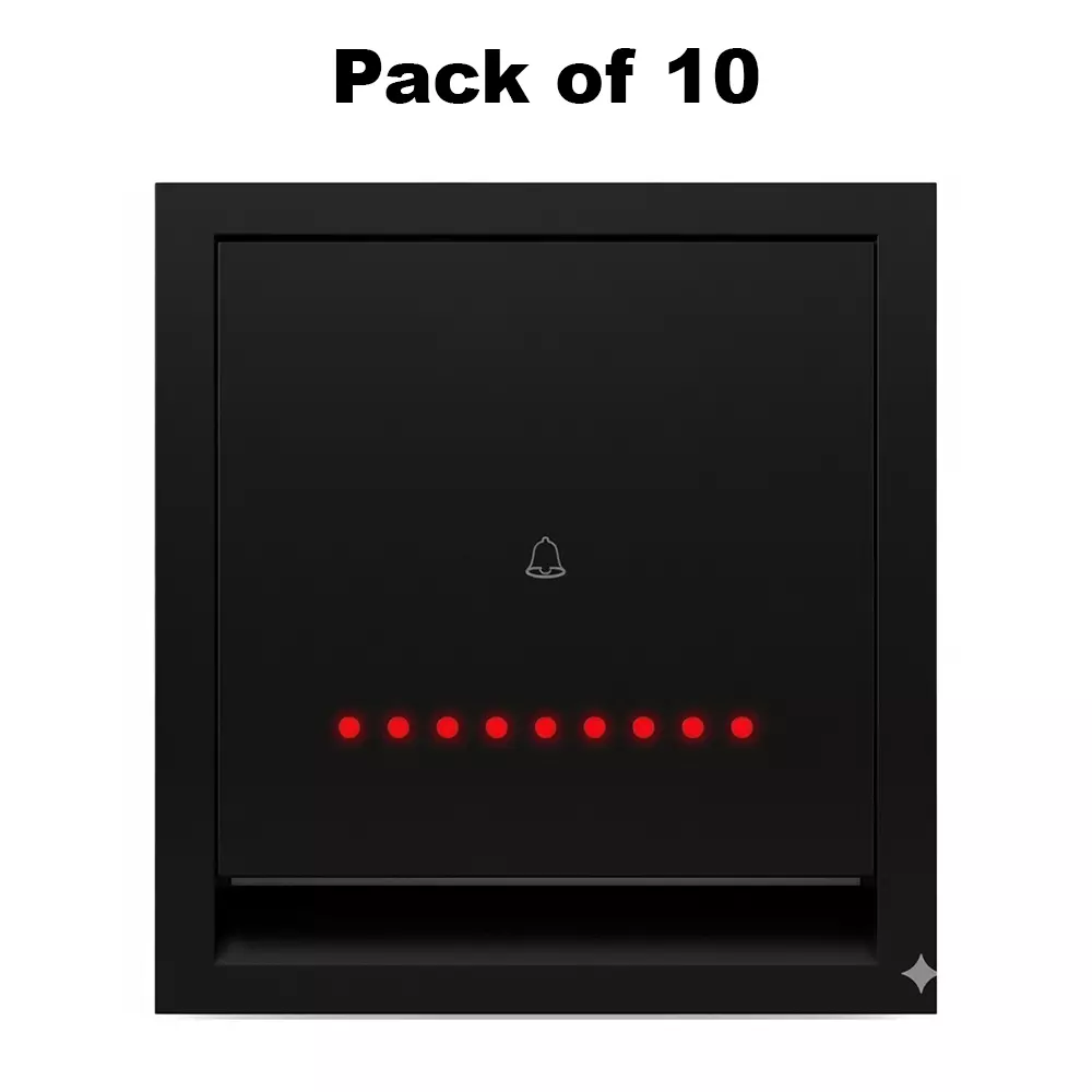 K9 Benz Bell Push Switch With Indicator 2 Module 6 Amp Black, 9608 (Pack of 10)