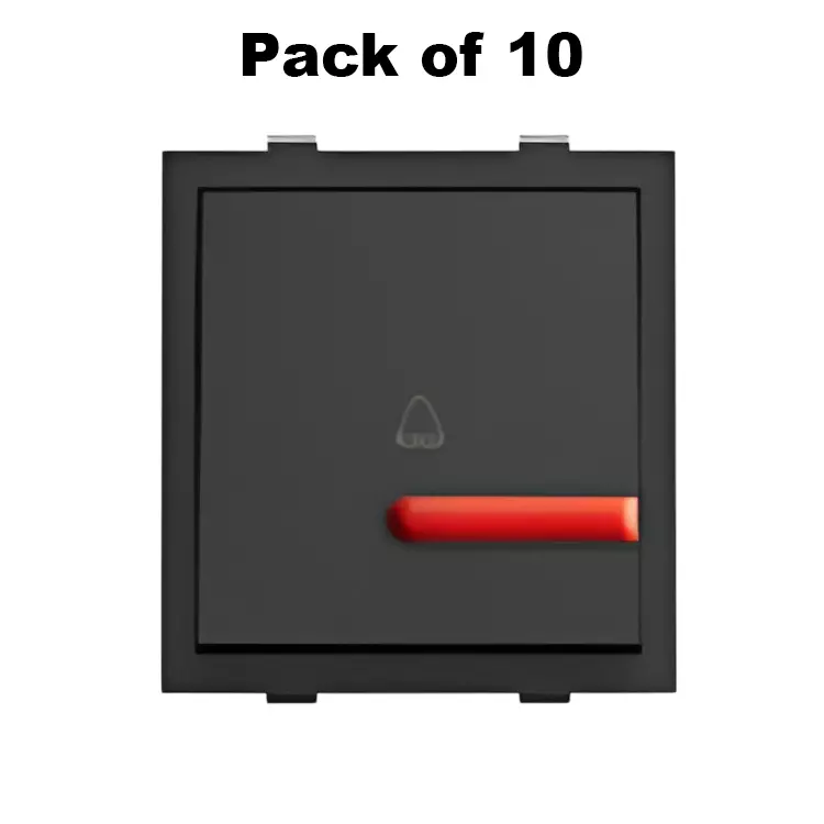 K9 Euro Bell Push Switch With Indicator 2 Module 6 Amp Black, 9011 (Pack of 10)