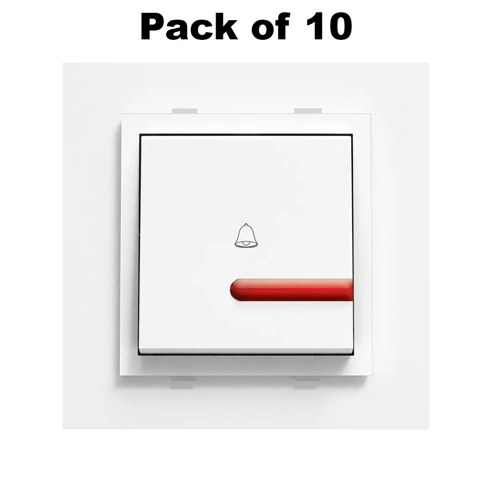 K9 Euro Bell Push Switch With Indicator 2 Module 6 Amp White, 9011 (Pack of 10)