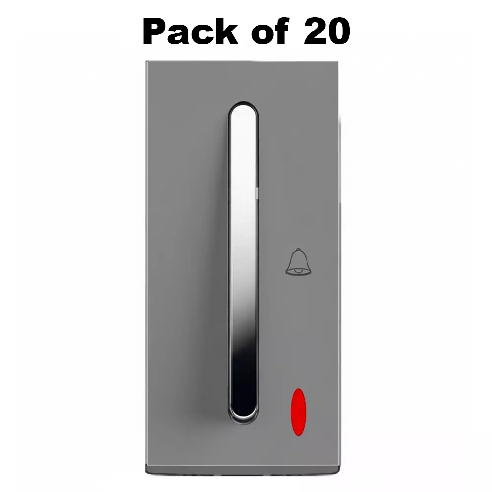 K9 Sleek Bell Push Switch With Indicator 1 Module 6 Amp Grey, 9624 (Pack of 20)