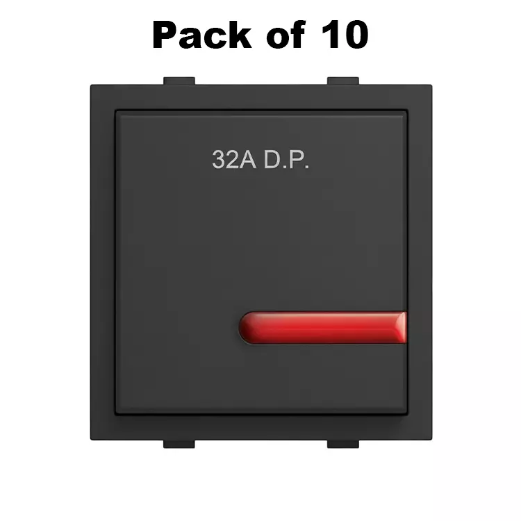 K9 Euro Switch With Indicator 2 Module 32 Amp Black, 9025 (Pack of 10)