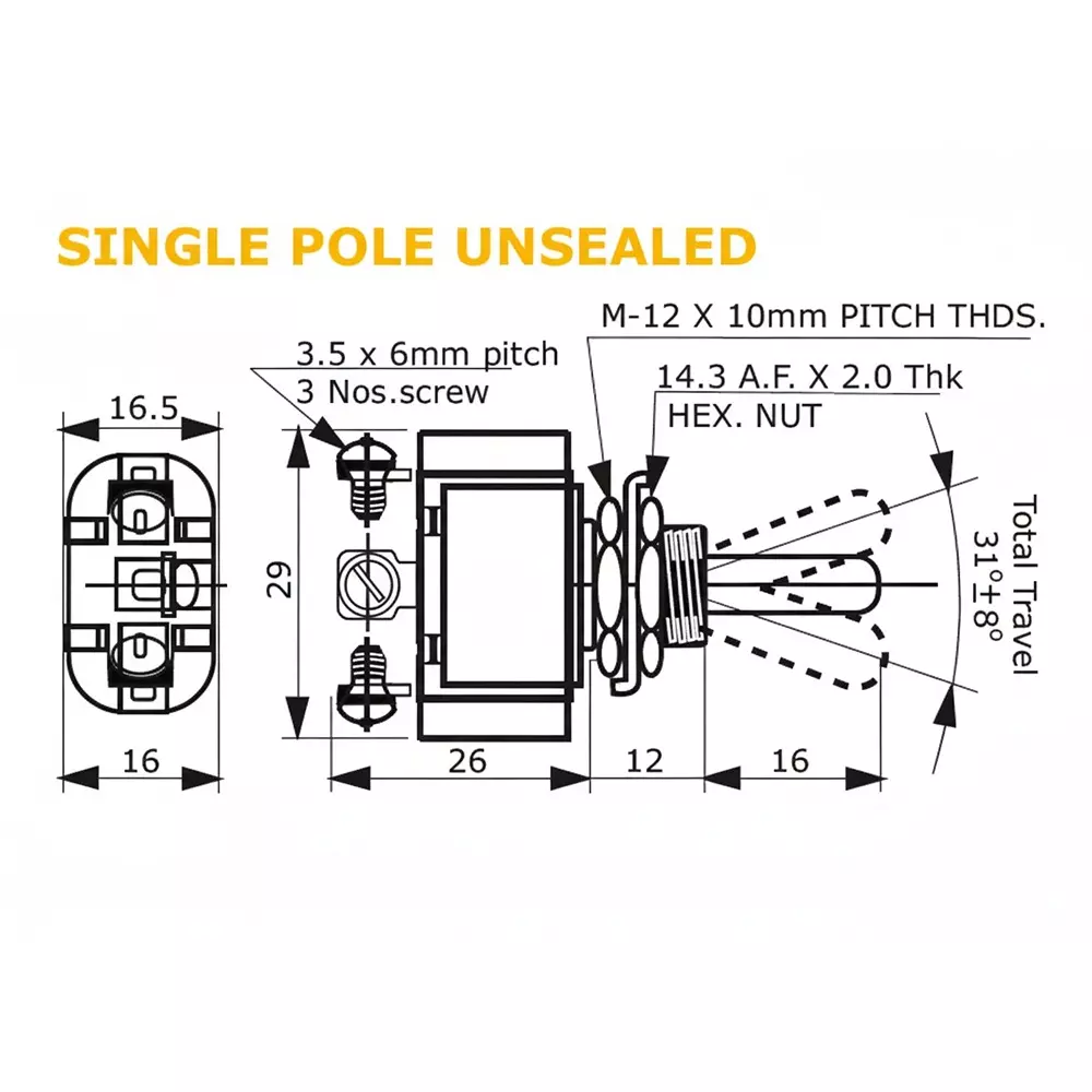 Elettro Toggle Switch Centre Off 10 A Rating and SPDT On-Off-On Switch Configuration, ETS-1003