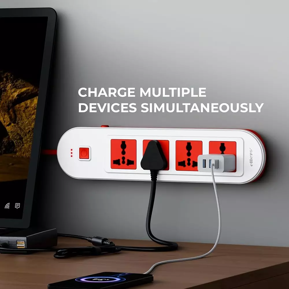 Elleys 3 Pin Extension Board ZYNEX 4 Socket 10 A Current 2 m Cable Length Red & White