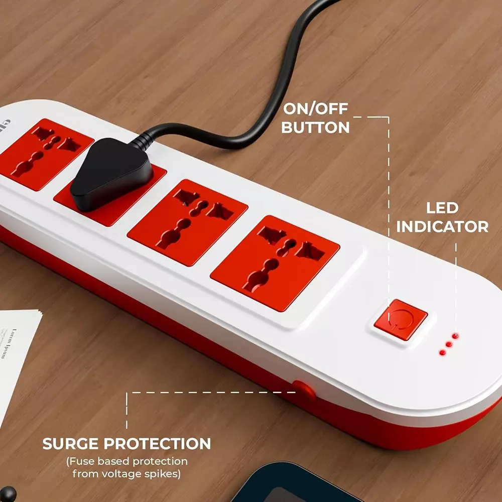 Elleys 3 Pin Extension Board ZYNEX 4 Socket 10 A Current 2 m Cable Length Red & White
