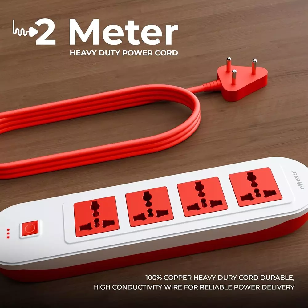 Elleys 3 Pin Extension Board ZYNEX 4 Socket 10 A Current 2 m Cable Length Red & White