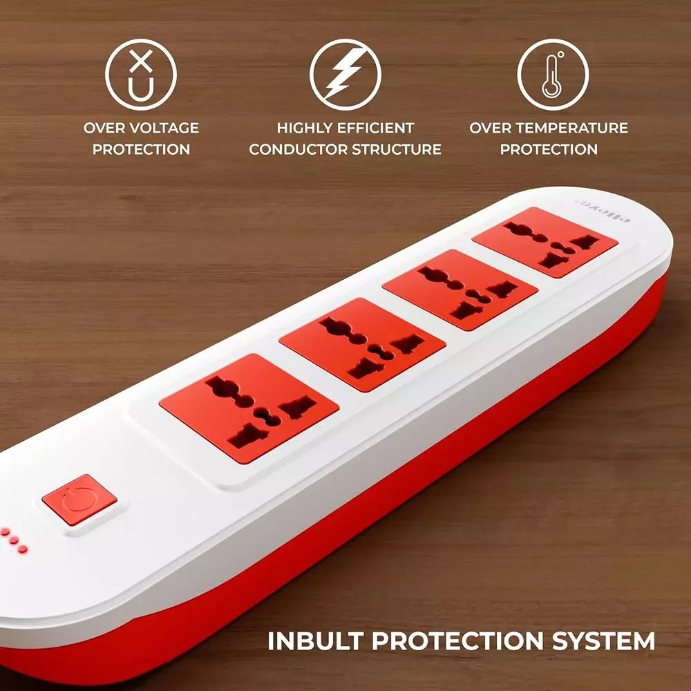 Elleys 3 Pin Extension Board ZYNEX 4 Socket 10 A Current 2 m Cable Length Red & White
