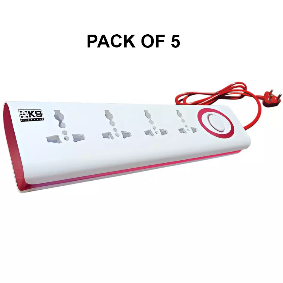 K9 Euro Hexon Hi Grade Socket Adapter with Master Switch & Indicator 4 Outlet White, 9551 (Pack of 5)