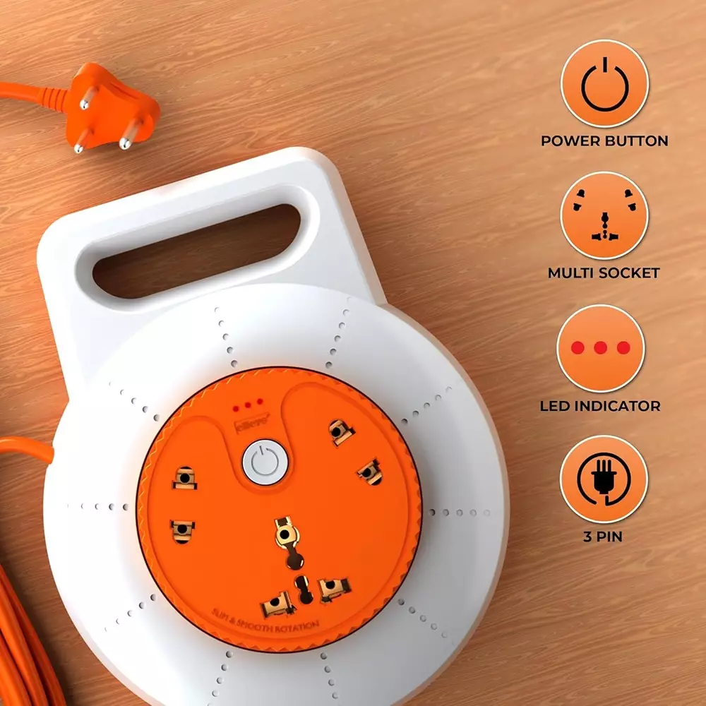 Elleys 3 Pin Extenion Board Ollo 3 Socket 6 A Current 4 m Cable Length Orange & White