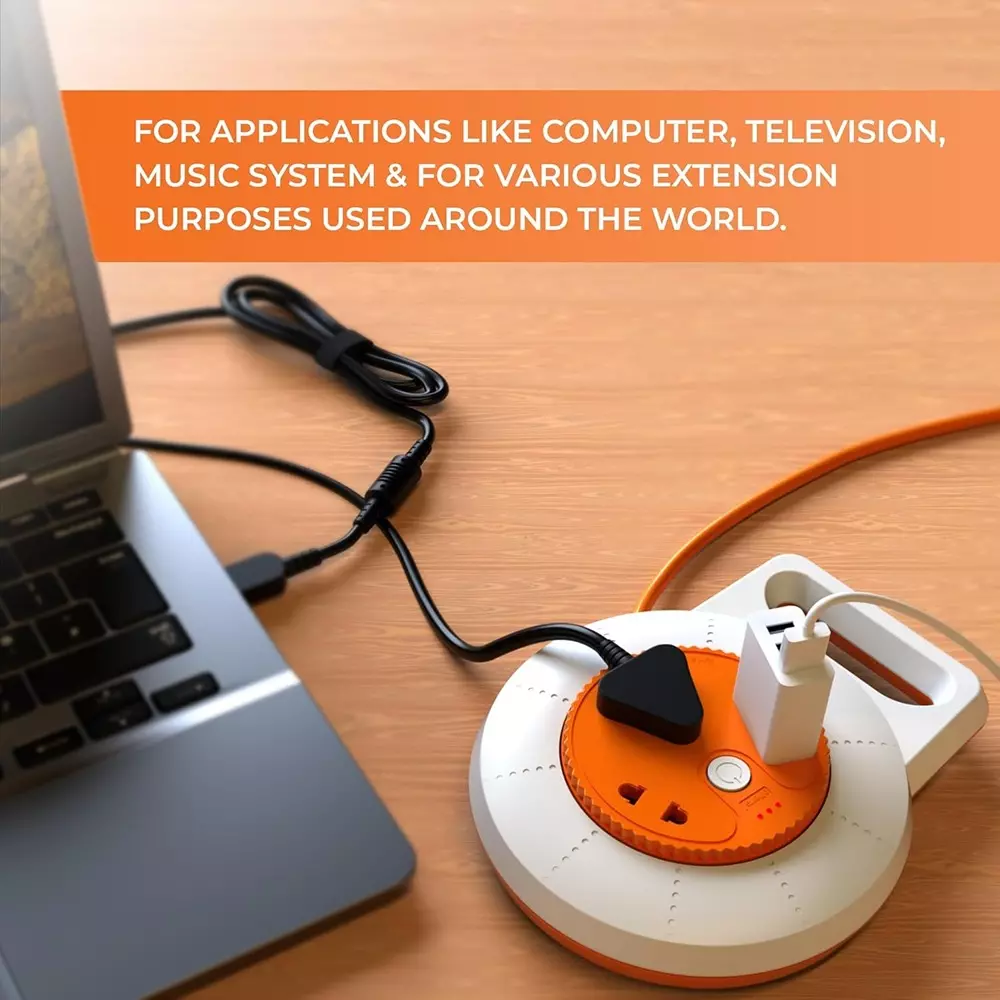 Elleys 3 Pin Extenion Board Ollo 3 Socket 6 A Current 4 m Cable Length Orange & White