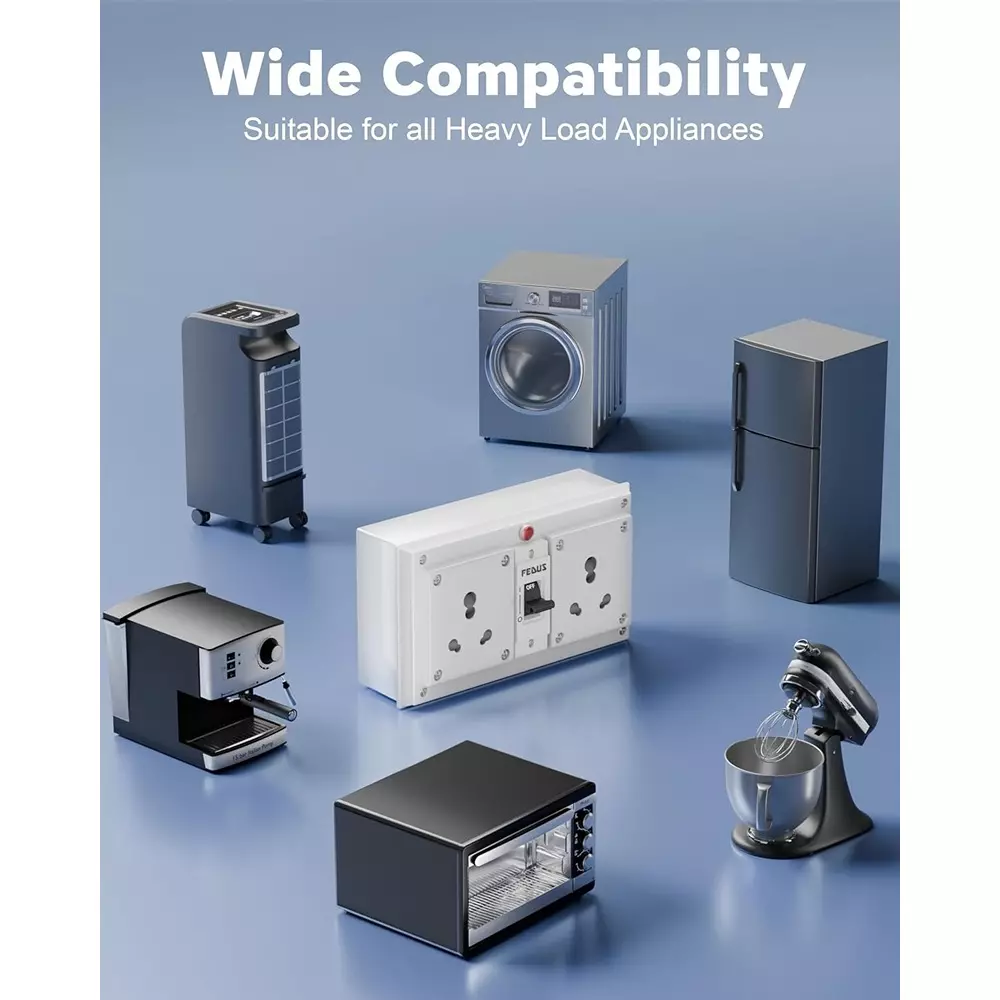 FEDUS Heavy Duty Power Strip 2 Outlets 16 A 3000 W 2 m Cord Length with MCB Protection, White