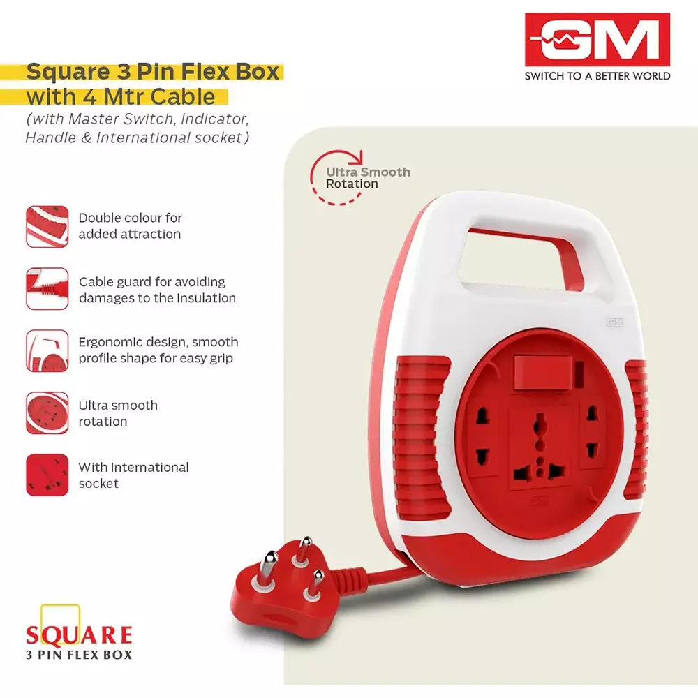 GM 3 Pin Extension Board With Handle 4 m Cord Length Square 6 A Polycarbonate, 3045