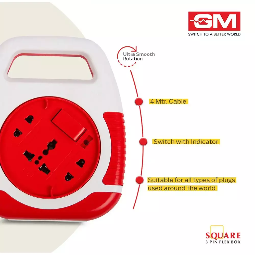 GM 3 Pin Extension Board With Handle 4 m Cord Length Square 6 A Polycarbonate, 3045