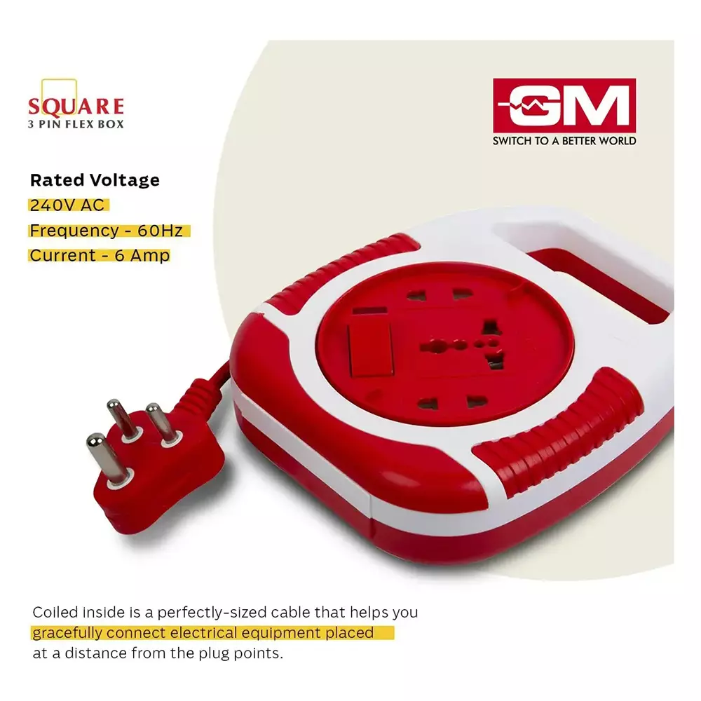 GM 3 Pin Extension Board With Handle 4 m Cord Length Square 6 A Polycarbonate, 3045
