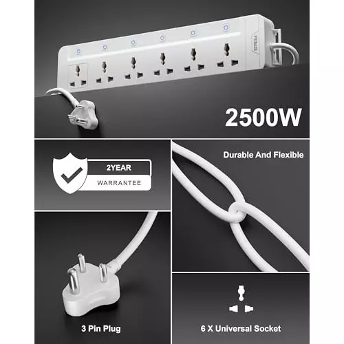 FEDUS Extension Board Cord 10 m Cable Length 2500 W 6 Universal Sockets with Individual Switch 3 Core