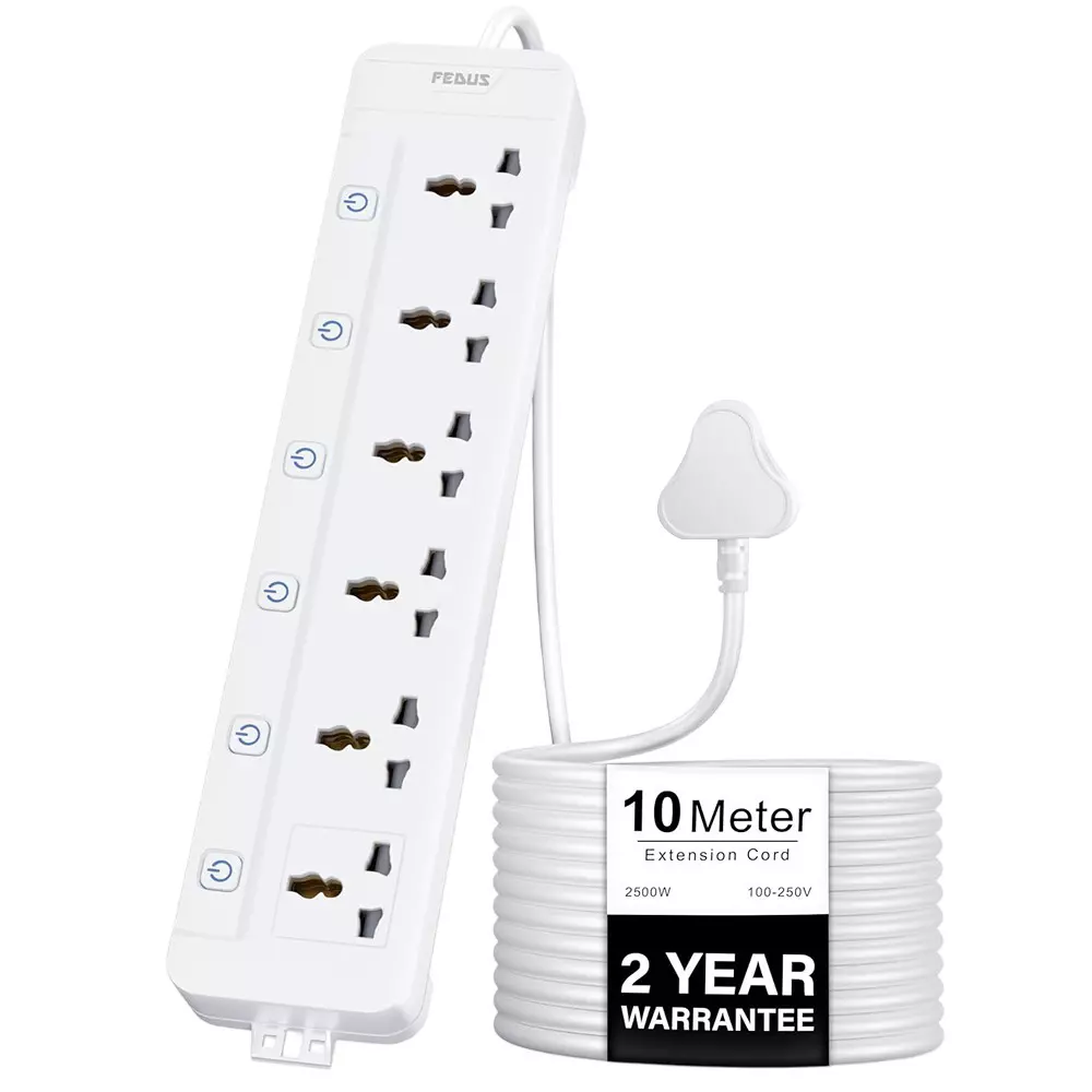 FEDUS Extension Board Cord 10 m Cable Length 2500 W 6 Universal Sockets with Individual Switch 3 Core