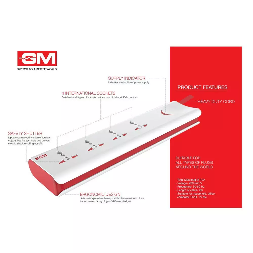 GM 4 Pin E-Book Extension Board With Master Switch 2 m Cord Length Rectangle 10 A Polycarbonate, 3060