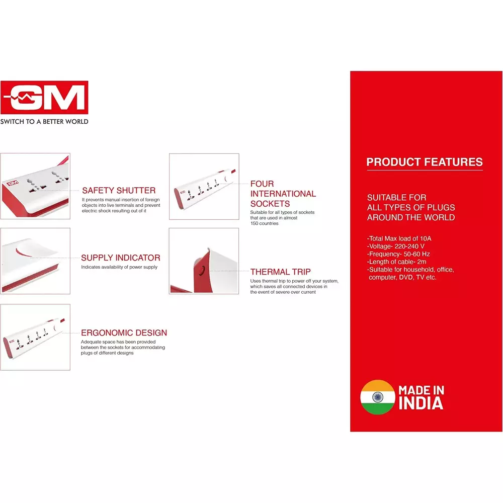 GM 4 Pin E-Book Extension Board With Master Switch 2 m Cord Length Rectangle 10 A Polycarbonate, 3060