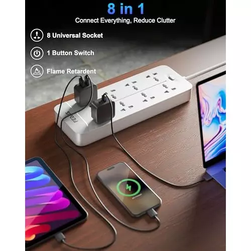 FEDUS Extension Board Cord 5 m Cable Length 2500 W 8 Universal Sockets with MOV, OLP Protection 3 Core