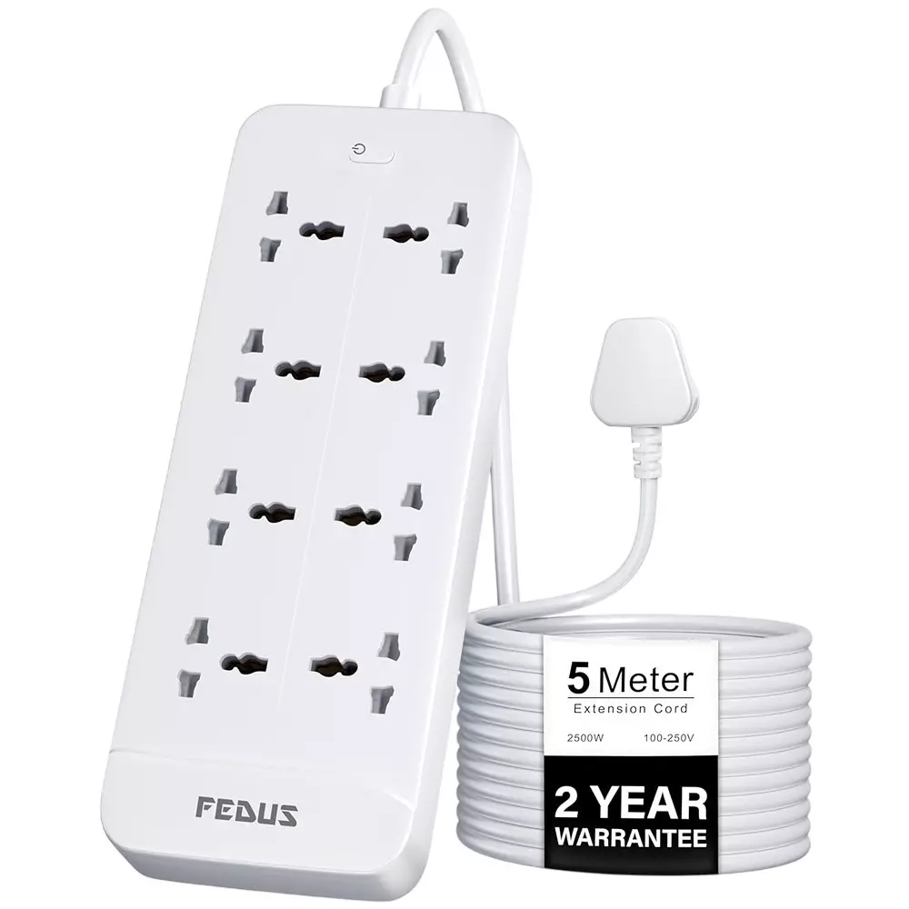 FEDUS Extension Board Cord 5 m Cable Length 2500 W 8 Universal Sockets with MOV, OLP Protection 3 Core