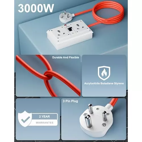 FEDUS Extension Switch Board Cord with MCB Switches 2 Socket 3000 W 15 m Cable Length 16 Amp Acrylonitrile Butadiene Styrene