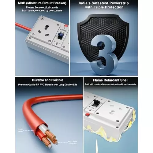 FEDUS Extension Switch Board Cord with MCB Switches 2 Socket 3000 W 15 m Cable Length 16 Amp Acrylonitrile Butadiene Styrene