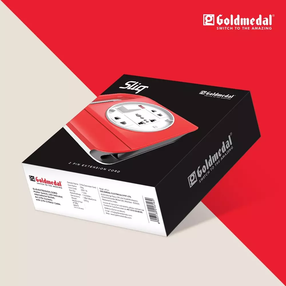 Goldmedal 205116 Sliq 2 Pin Extension Cord (with Intl Socket, Master Switch and 5m Power Cord)