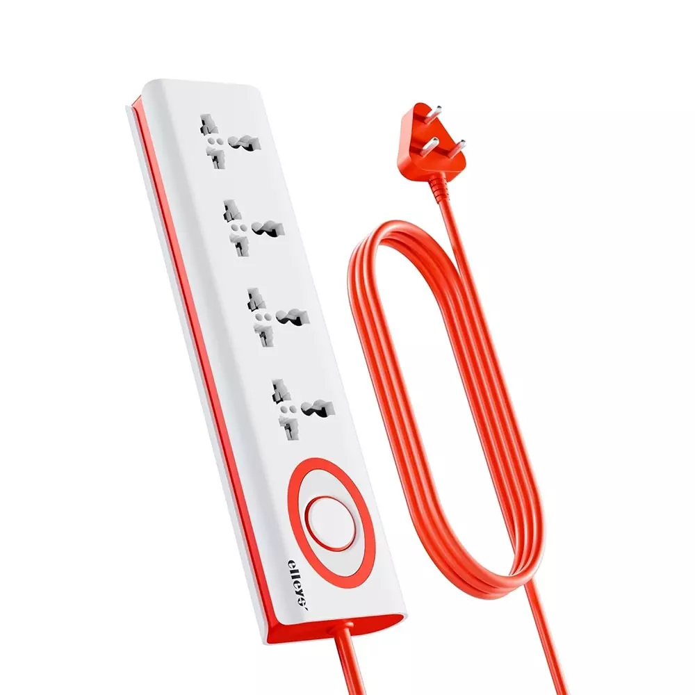 Elleys 3 Pin Extension Board Zap 4 Socket 10 A Current 1.5 m Cable Length Red & White