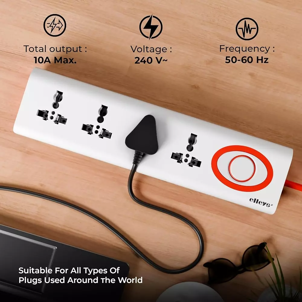 Elleys 3 Pin Extension Board Zap 4 Socket 10 A Current 1.5 m Cable Length Red & White