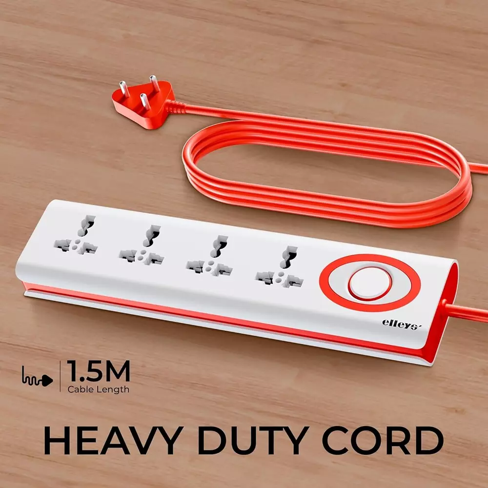 Elleys 3 Pin Extension Board Zap 4 Socket 10 A Current 1.5 m Cable Length Red & White