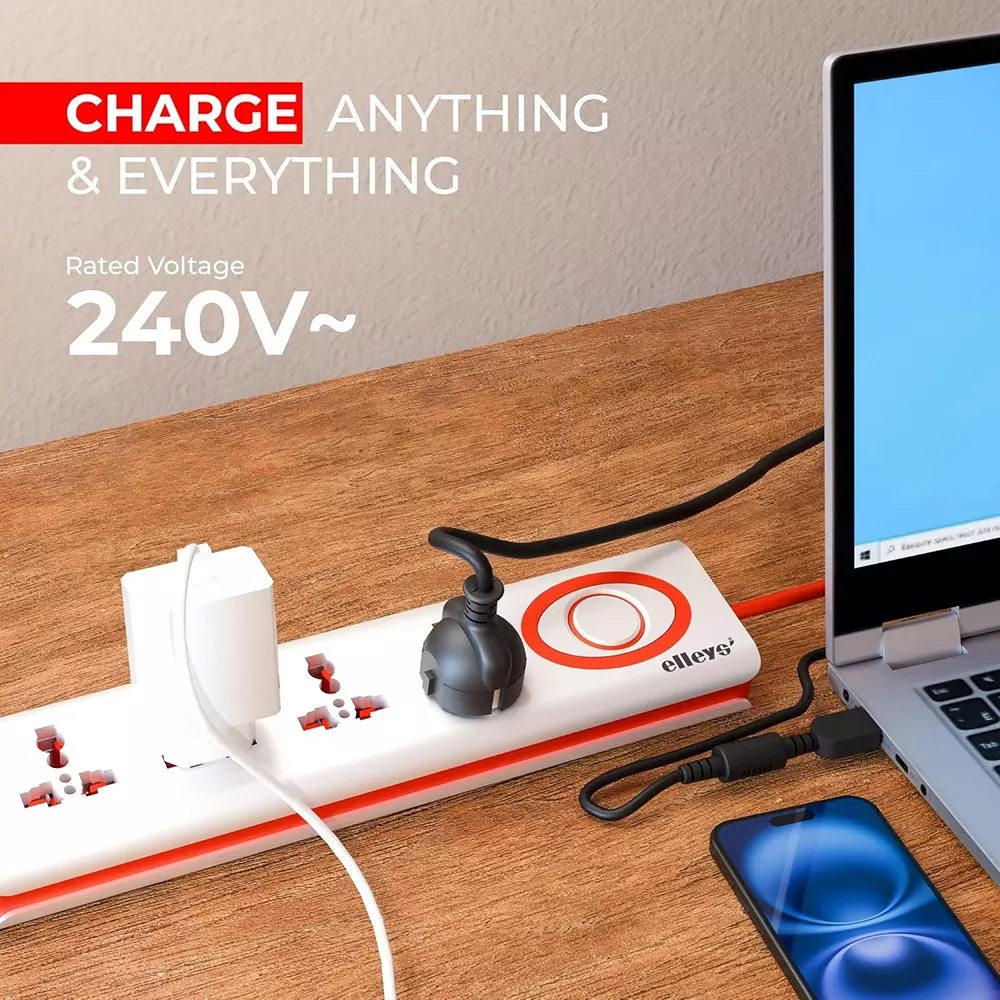 Elleys 3 Pin Extension Board Zap 4 Socket 10 A Current 1.5 m Cable Length Red & White