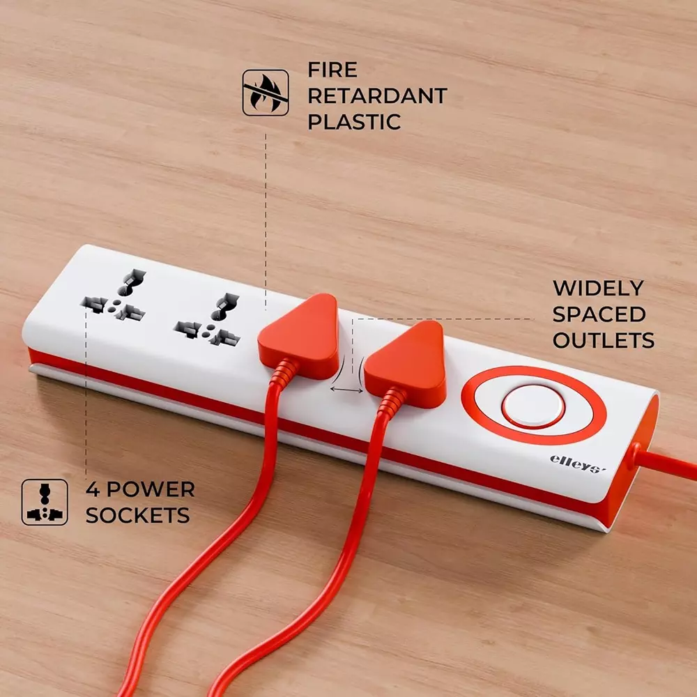 Elleys 3 Pin Extension Board Zap 4 Socket 10 A Current 1.5 m Cable Length Red & White