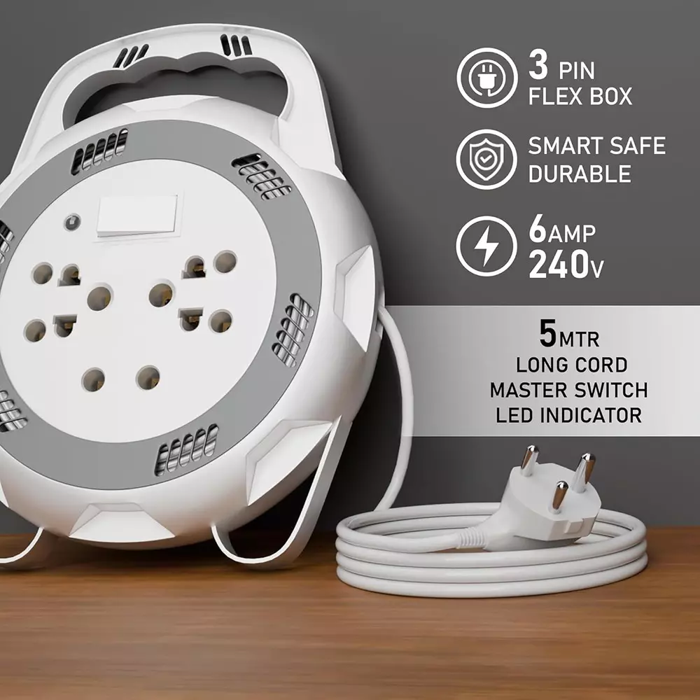 Hi-Fi AERO 3 Pin Extension Board 3 Socket 6 A Current 5 m Cable Length White, Grey