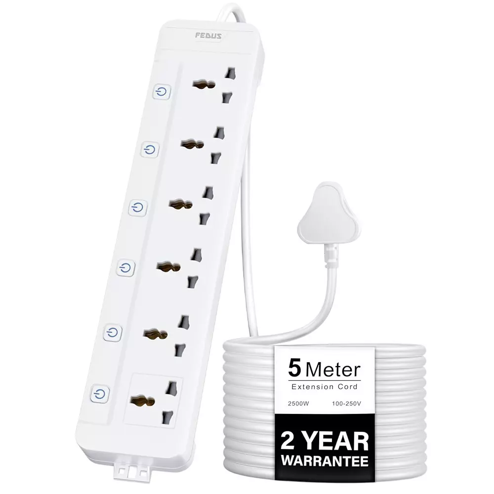 FEDUS Extension Board Cord 5 m Cable Length 2500 W 6 Universal Sockets with Individual Switch 3 Core