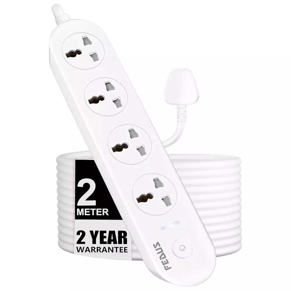 FEDUS Extension Board Cord 2 m Cable Length 1500 W 4 Universal Sockets with Individual Switch 3 Core White